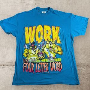 Vintage WORK Is A Four Letter Word Graphic Shirt XL Blue Single Stitch USA 90s